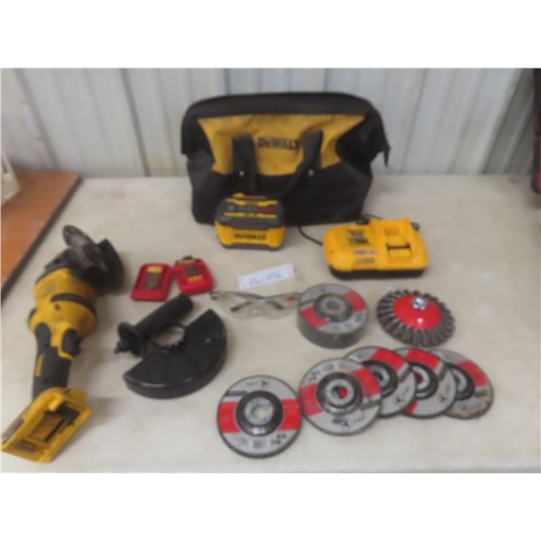 DeWalt 20V Cordless 4 1/2" Grinder Battery, Two Amp-Hour Charger, Grinding Wheels, and Bag