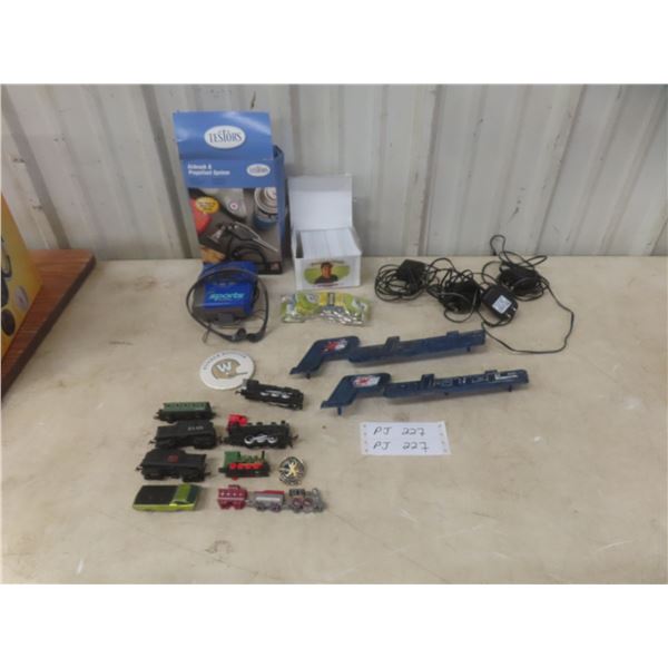 Two Polaris Emblems, Airbrush and Propellant System, Adapters, and Die-Cast Train Cars