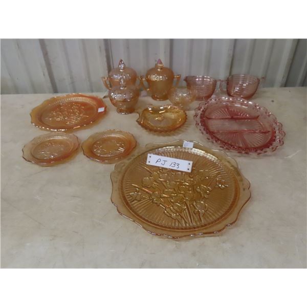 Carnival and Depression Glass Including Creamer, Sugar Bowls, and Serving Plates