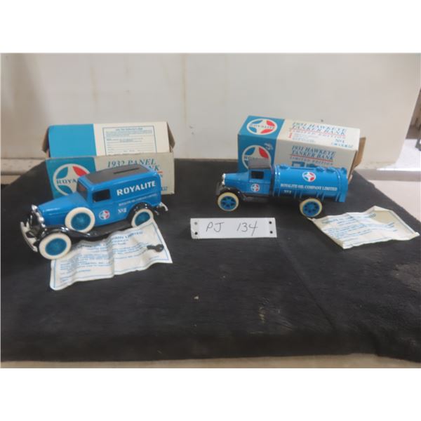 Two Royalite Truck Banks Including 1931 Hawkeye and 1932 Panel Van, 1/34 Scale, Original Boxes