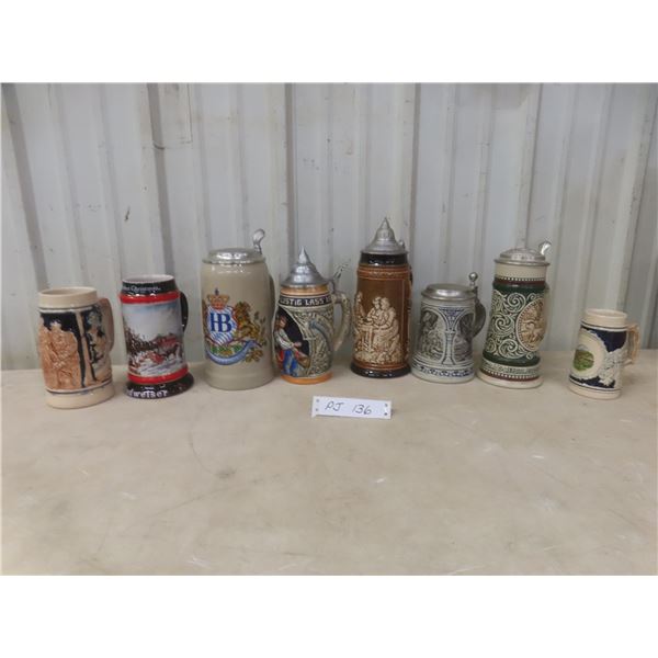 Eight Beer Steins Including Budweiser 1992 and Avon 1978