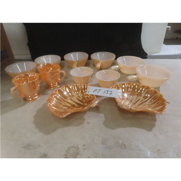 Ten Pieces of Fire-King Glassware Including Soup Bowls, Nappies, Creamer, Sugar Bowl, and Two