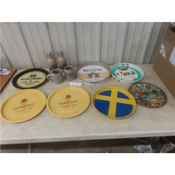 Seven Metal Beer Trays Including Schlitz and Glenlivet, Two Drewry Stoneware German Mugs, and