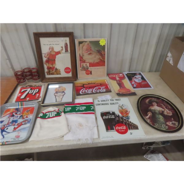 Coca-Cola, Pepsi, and 7Up Advertising Items Including Signs, Trays, Glasses, Scarf, and Toque