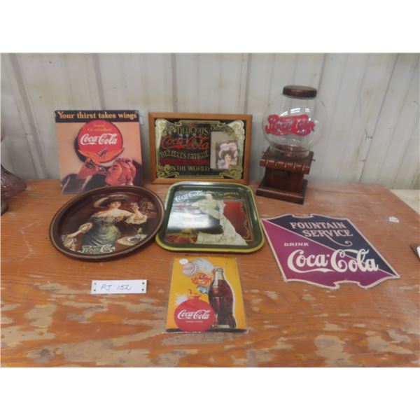 Pepsi Peanut Dispenser, Coca-Cola Tray, Two Olympia Cardboard Signs, and Mirrored Picture