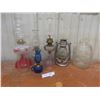 Image 1 : Four Oil Lamps, Lantern, Extra Chimneys, and Glass Jug