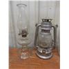 Image 5 : Four Oil Lamps, Lantern, Extra Chimneys, and Glass Jug