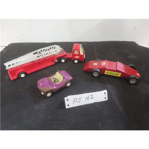 Tonka Fire Truck, Vintage Pressed Steel Dune Buggy, and Wooden Kub Kar Race Car