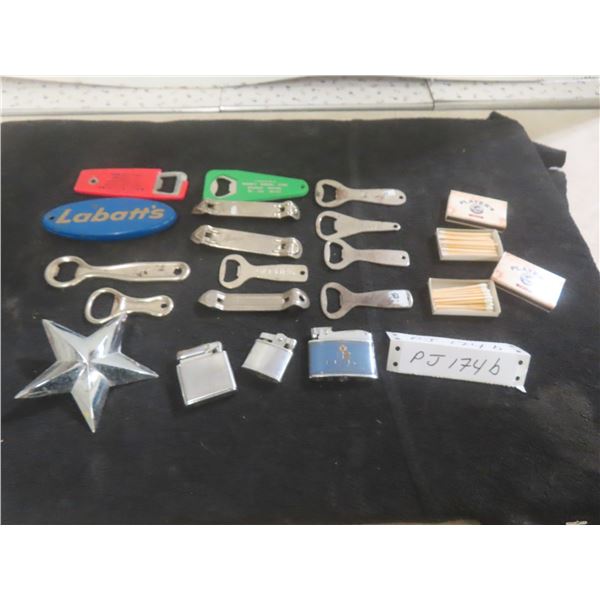 Vintage Bottle Openers: Drewry’s, Shea, Labatt’s, Carling, and Hamm’s, Plus Three Lighters