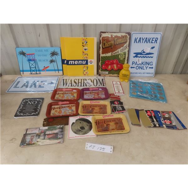 Five Carnation Tin Trays, Six Metal Signs, Stauffer Seeds Thermometer, Dominion of Canada