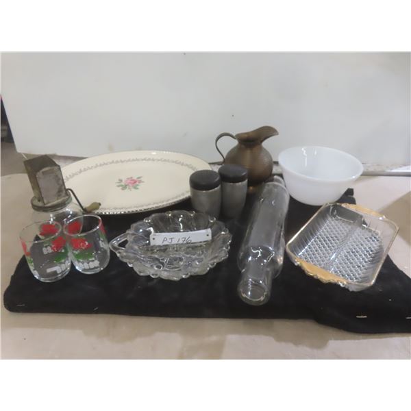 Vintage Aluminum Salt and Pepper Shakers, Federal Mixing Bowl, Brass Pitcher, Glass Rolling