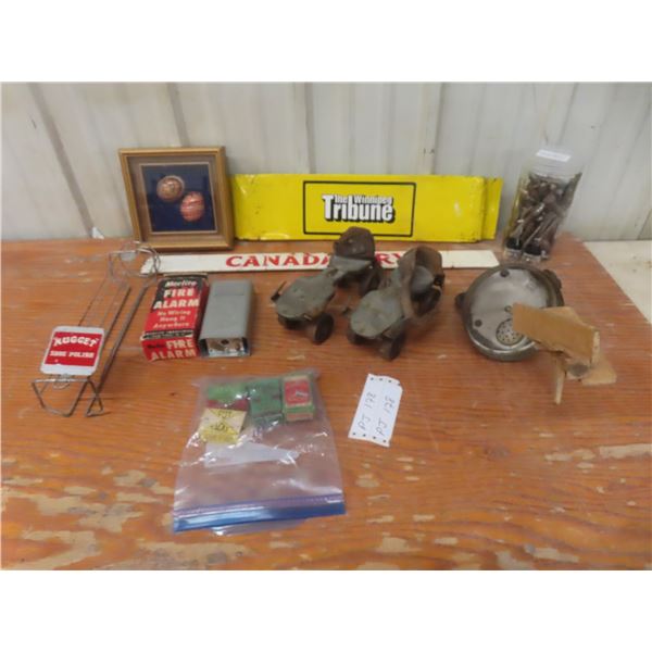 Two Framed Pysanky Ukrainian Easter Eggs, Nugget Store Display Rack, Vintage Fire Alarm, Roller