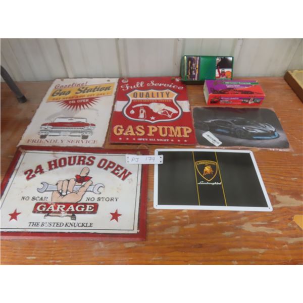 Five Modern Metal Signs, Largest 16" x 11", Plus 1992 Formula 1 Racing Cards