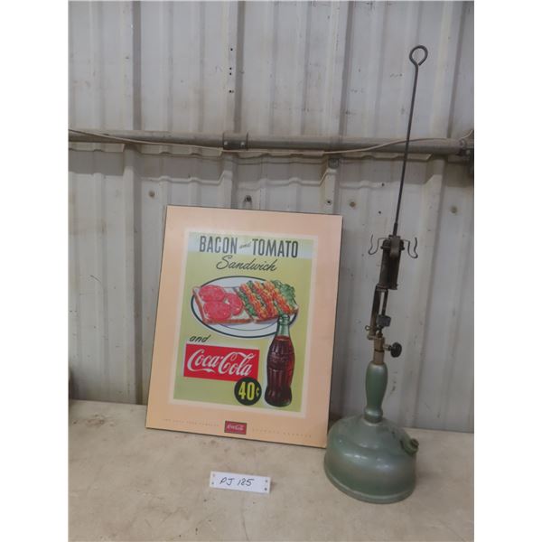 Coca-Cola Hardboard Sign, 19 1/2" x 15 1/2", Kerosene Table Lamp, and Two Express Delivery Side