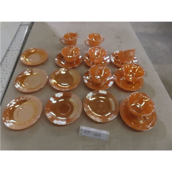 Fire King Peach Lustre Teacups, Saucers, Creamer, and Sugar Set (Twenty Pieces)