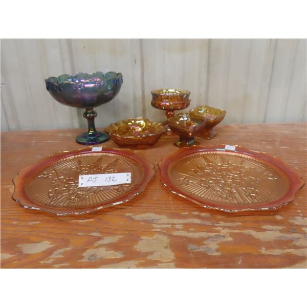 Carnival Glass Group Including Blue Fruit Bowl, Serving Platter, and Candy Bowl (Seven Pieces)