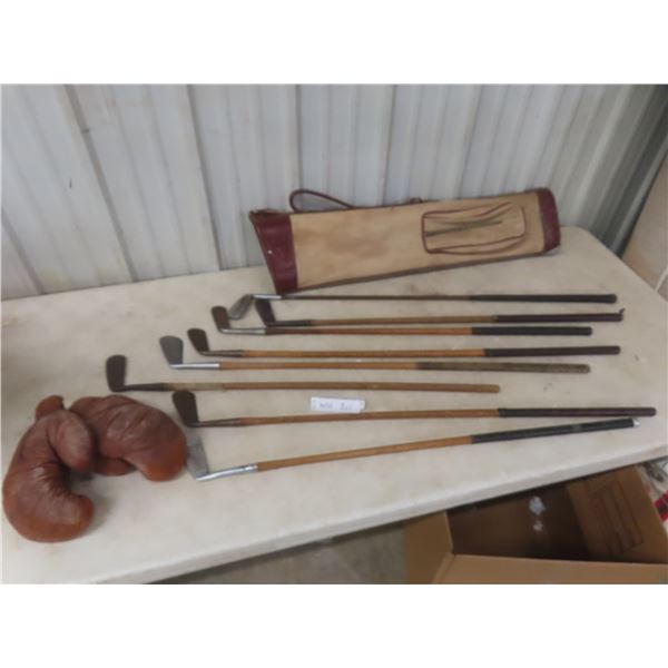 Set of Antique Wood Shaft Golf Clubs With Bag and Boxing Gloves