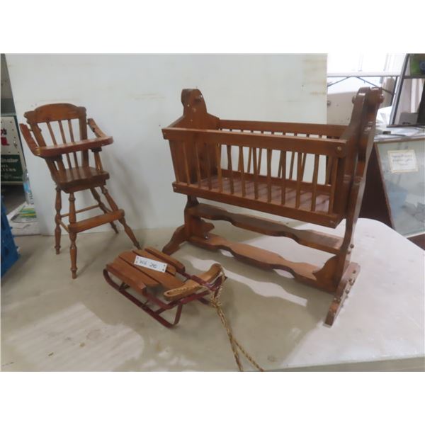 Wooden Cradle, Sled, And High Chair for Doll