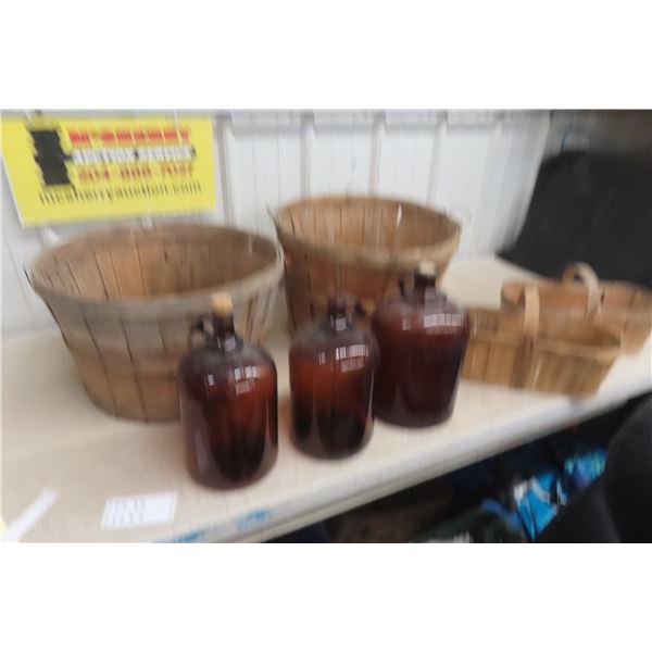 Bushel Baskets and Fruit Basket, Plus Javex and Glass Beverage Jugs