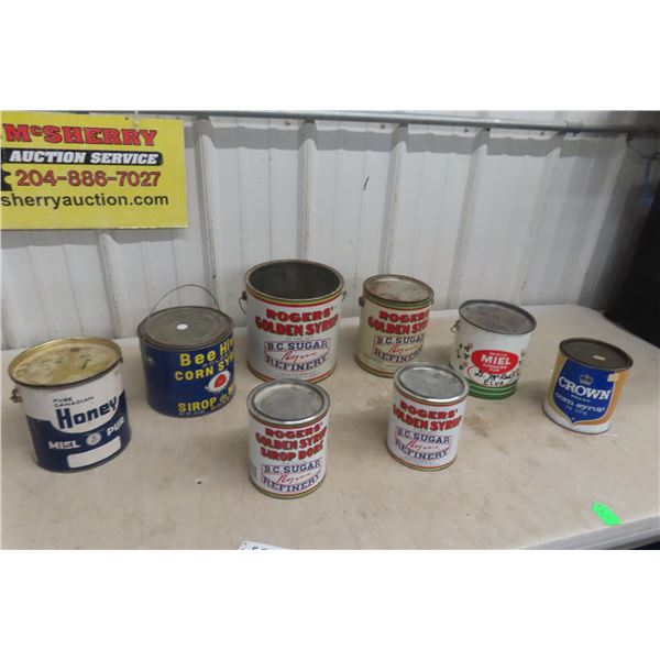 Eight Honey and Corn Syrup Tins Including Beehive and Rogers, Canadian
