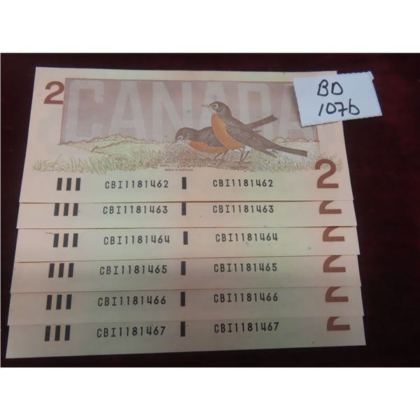 Lot of Six Sequential 1986 Canadian Two Dollar Bills