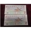 Image 4 : Lot of Six Sequential 1986 Canadian Two Dollar Bills