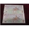 Image 6 : Lot of Six Sequential 1986 Canadian Two Dollar Bills