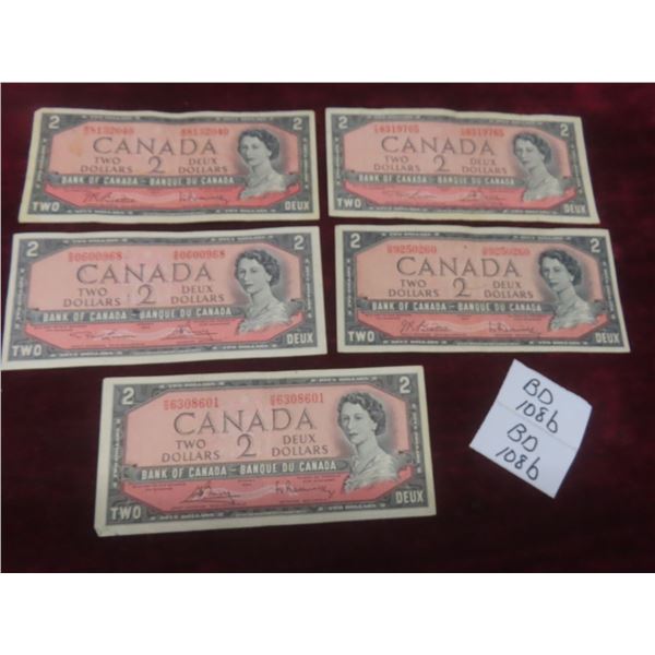 Lot of Five 1954 Canadian Two Dollar Bills