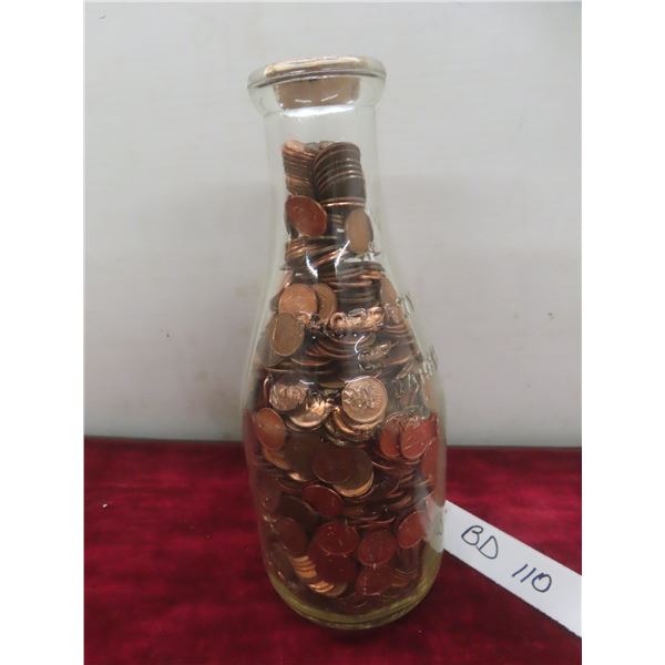 Vintage Crescent Creamery Milk Bottle Filled With Pennies, Over Nine Pounds Total