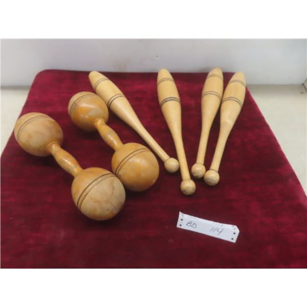 Set of Antique Matching Wooden Circus Juggling Pins and Indian Clubs w/Wooden Dumbbells