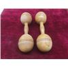 Image 6 : Set of Antique Matching Wooden Circus Juggling Pins and Indian Clubs w/Wooden Dumbbells