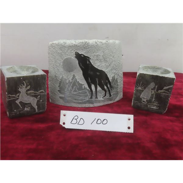 Vintage First Nations Scratch-Carved Candle Holders by Dimu w/ Soapstone Desk Display