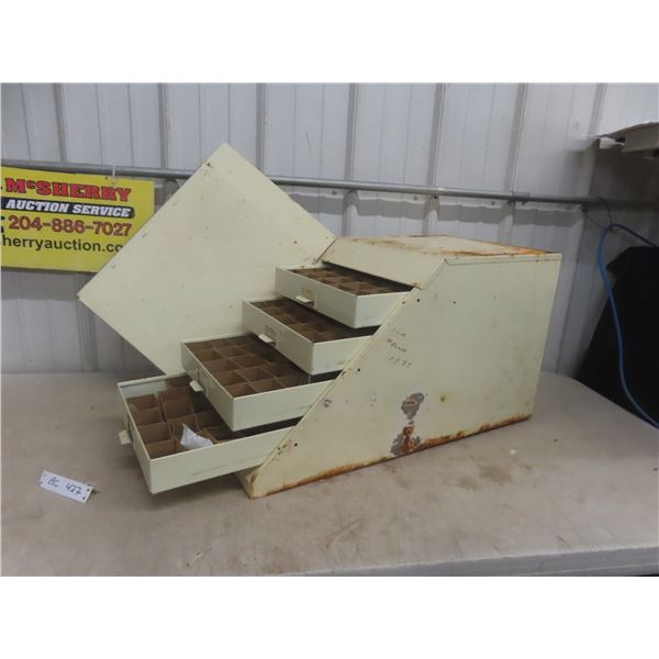 Vintage Metal Hardware Organizer Cabinet With Multiple Drawers and Assorted Contents