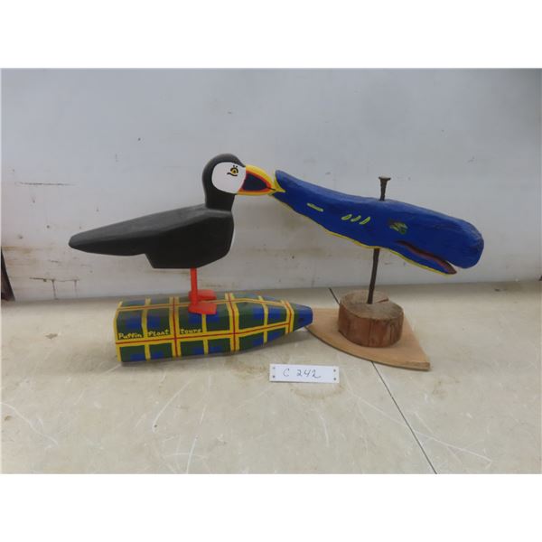 Hand Carved Puffin on a Painted Float and Whale Sculpture