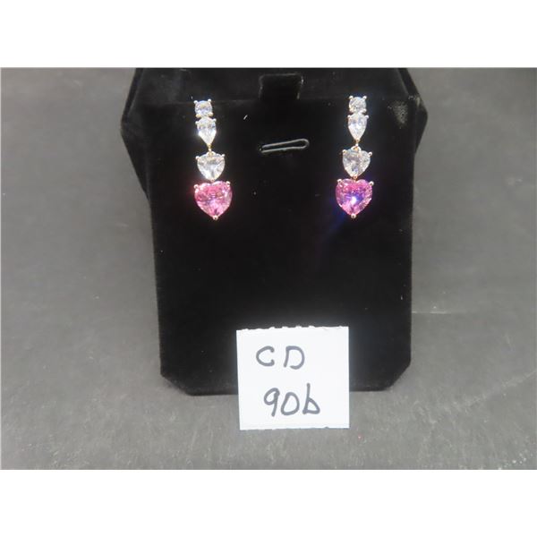 New 18K Gold Plated Each Heart-Cut Pink Simulated Diamond Dangle Earrings