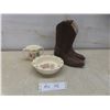 Image 1 : Bunnykins Bowl With Cup And Child’s Cowboy Boots, Sole Measures 7 1/2"
