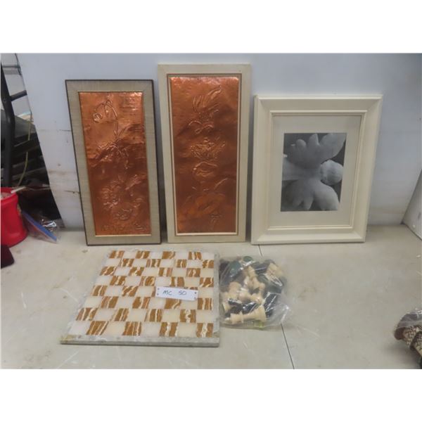 Three Framed Pictures and Marble Style Chess Board