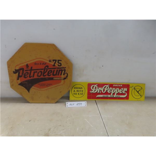 Two Modern Decorative Metal Signs - Dr. Pepper and Petroleum Gas + Oil