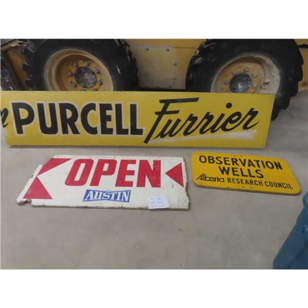3 Wood Signs - Purcell Furrier , Observation Wheels and OPEN (Damaged)