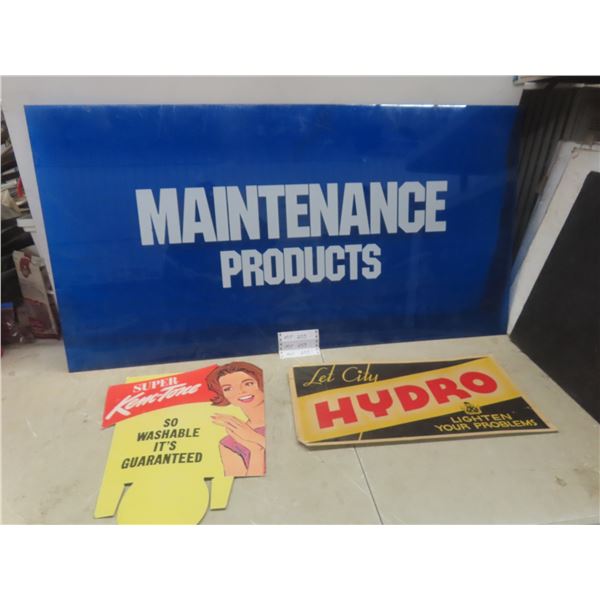 Maintenance Products, Plexi Glass Sign , 2 Cardboard Signs - City Hydro and Super Kem-Tone