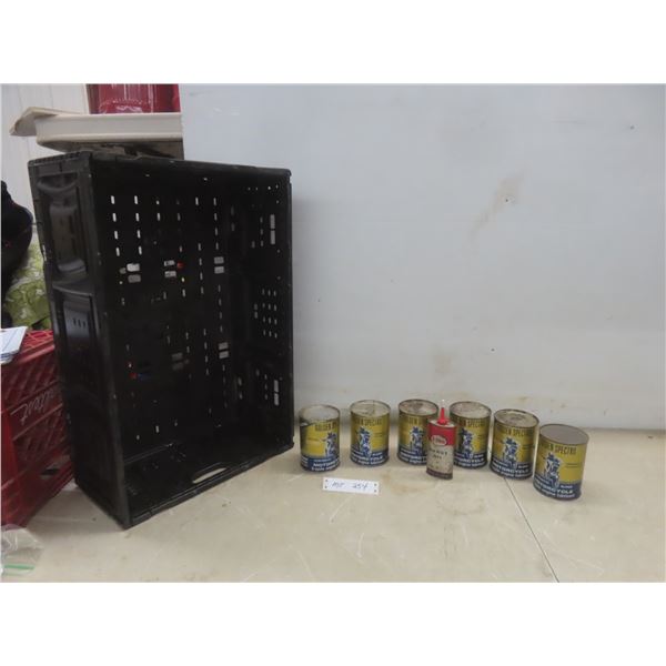 6 Cans Golden Spectro Moto 2 Cycle Oil 18 Oz w/Product, ESSO Handy Oil, and Foldable Crate
