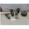 Image 1 : Vintage Lot - Lubri Gun, Thumb Press Oiling Can, 2 Oilers, Black Round Tin Spice Box w/ 7 Divider C