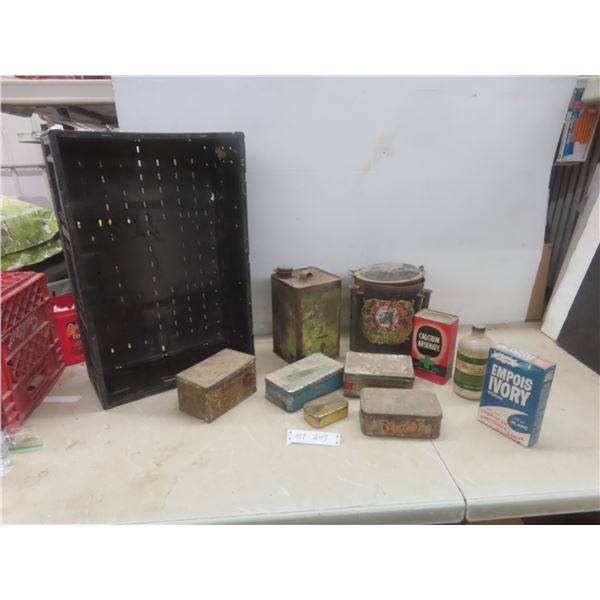 Assorted Vintage Tins: Tea, Candy, Cleaning Products (Some w/ Product) and Fold Up Plastic Crate