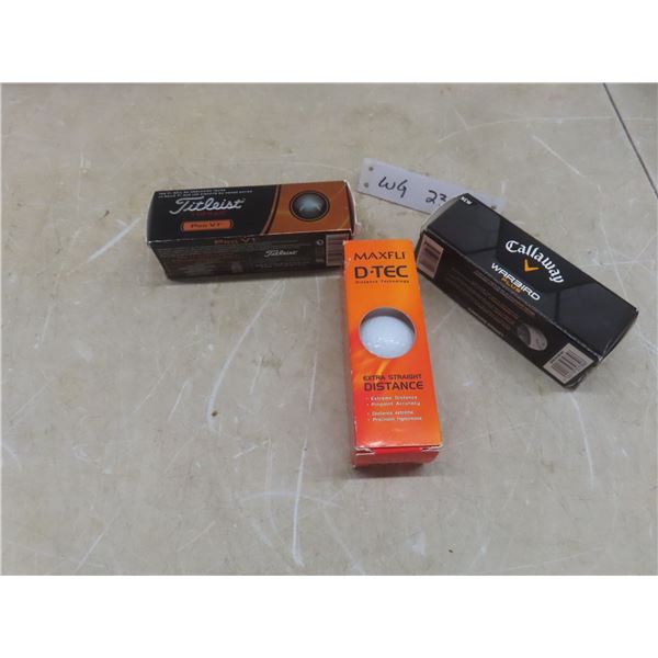 Three Packages of New Golf Balls Titleist, Callaway, Maxfli D-Tec