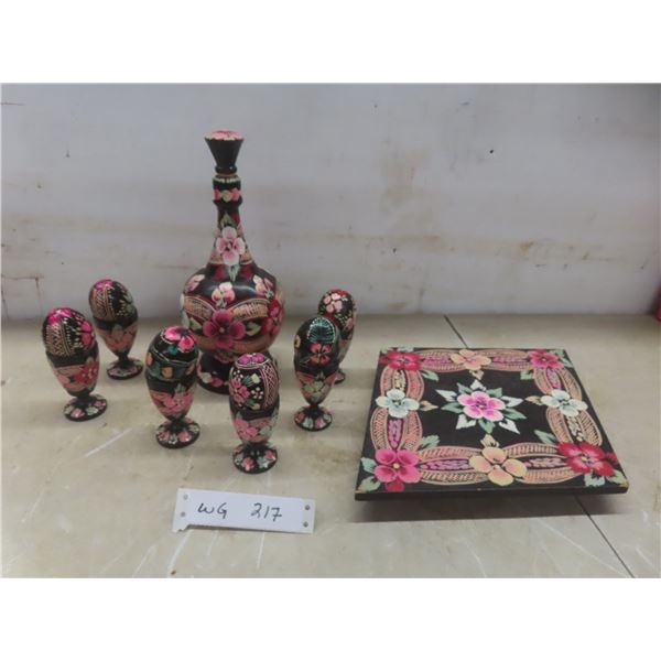 Vintage Wood Carved Painted 14 Pieces - Decanter, 6 Egg Cups, 6 Decorated Eggs, and Tray