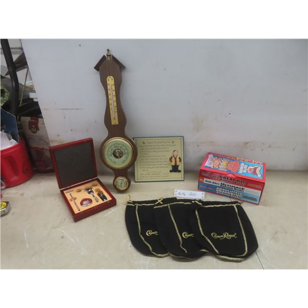 Four-Piece Bar Tool Set, Three Crown Royal Bags, Uncle John’s Three-Ply Bathroom Ruger Boxed Set, a