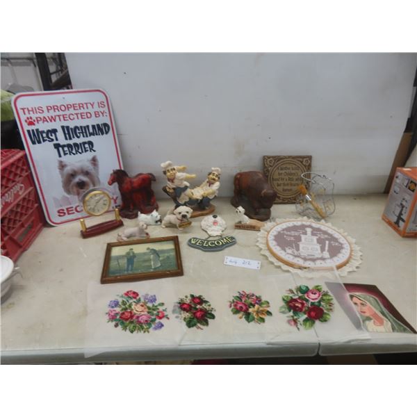 Metal Sign Security, Shelf Decor, and Five Petit Point Unframed Pictures and More