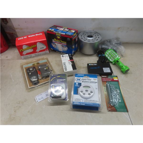 Motion Security Light, Two Floodlight Bulbs, Timers, Velcro Fasteners, Wireless Remote, and More