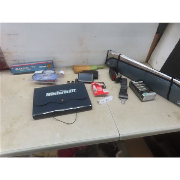 Car Windshield Shade, New Maglite Flashlight, Mastercraft Binder Full of Sandpaper, Two Spark Plugs