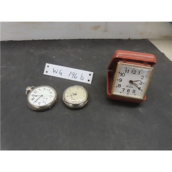 Two Pocket Watches: Balco and Westclox, One Hand Is Broken, Plus Westclox Travel Alarm Clock